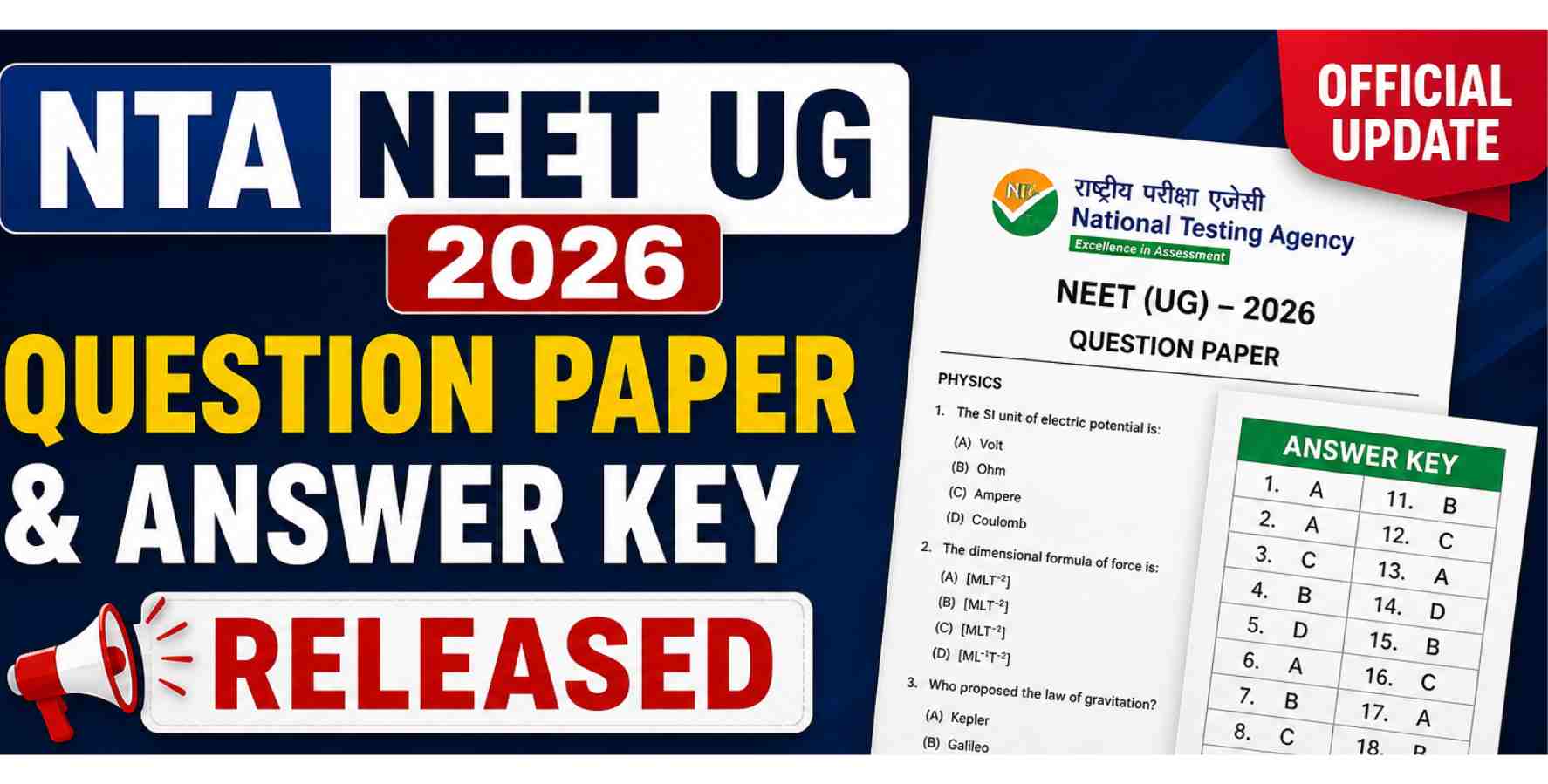 NTA NEET UG Exam 2026 Questions Paper & Answer key Released